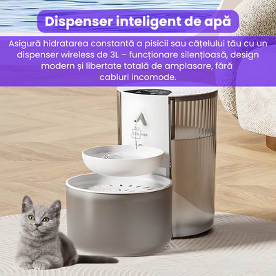 Dispenser inteligent de apa pentru pisici, 3L, reincarcabil, autonomie 180 zile, control volum si frecventa, sistem de filtrare in mai multe etape, nivel redus de zgomot, alb