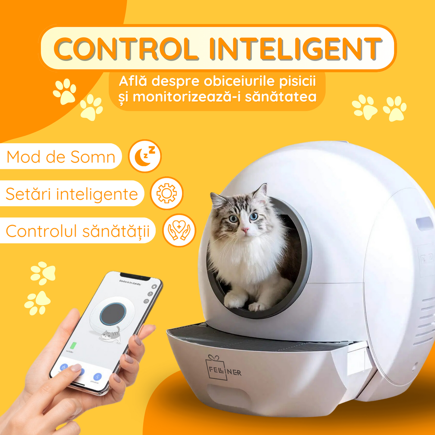 Litiera inteligenta automata pentru pisici, auto-curatare, design inchis, control prin aplicatie, fara miros, robot pentru mai multe pisici, alb
