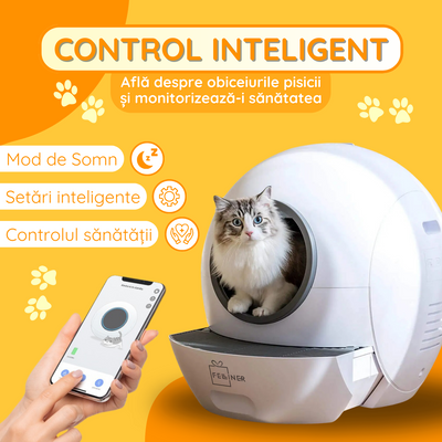Litiera inteligenta automata pentru pisici, auto-curatare, design inchis, control prin aplicatie, fara miros, robot pentru mai multe pisici, alb