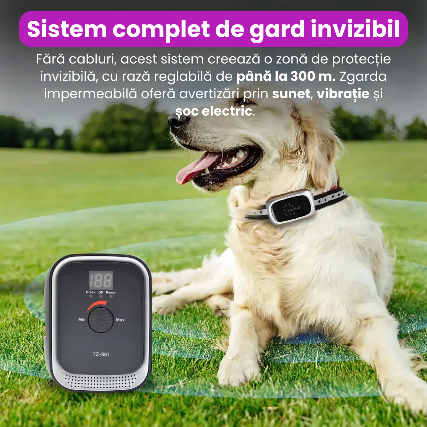 Sistem complet de gard invizibil pentru caini, TZ-861, cu rola de delimitare 200 m, sunet, vibratie, soc, IPX7, baterie reincarcabila de 400 mah, zgarda reglabila, negru