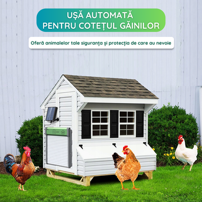 Usa automata pentru cotet gaini, alimentare panou solar, telecomanda, temporizator, senzor de lumina, senzor obstacol, control telecomanda, impermeabil IP67, verde