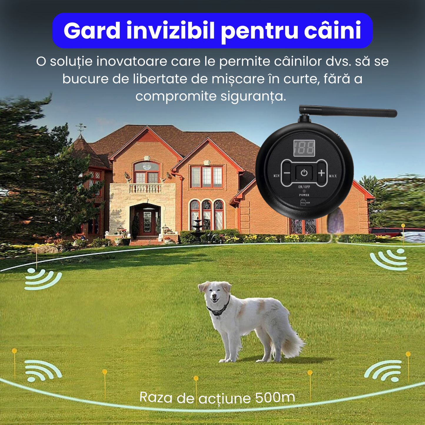 Sistem complet de gard invizibil pentru caini, cu transmitator si zgarda reincarcabila si rezistenta la apa IP67, raza de actiune 500 m, baterie 250 mAh, negru
