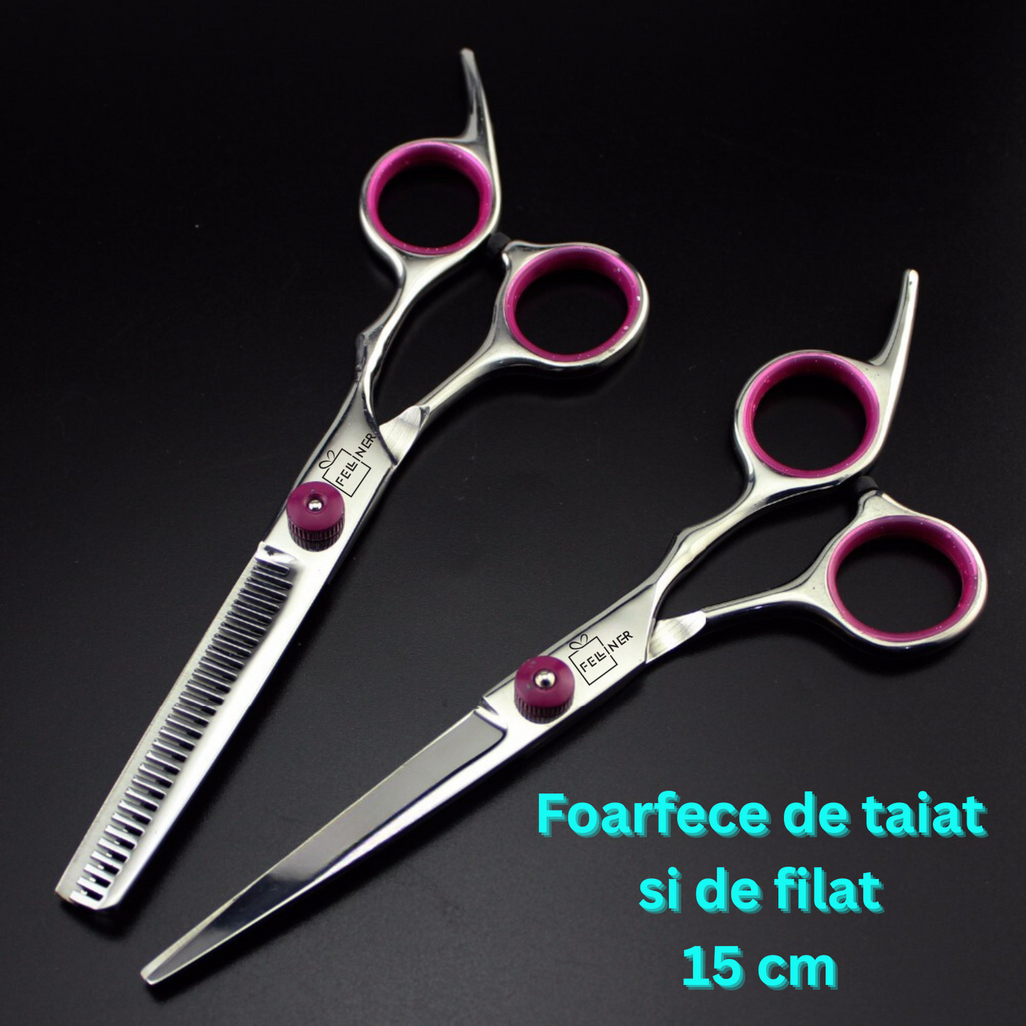 Set 2 foarfece profesionale pentru ingrijirea cainilor, piepten, geanta transport, otel, 15cm, Felliner, roz