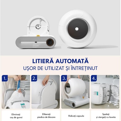 Litiera automata, pentru pisici, extra saci inclusi, auto-curatare, elimina mirosurile, aplicatie mobila, capacitate deseuri 9L, sterilizare UV, alb