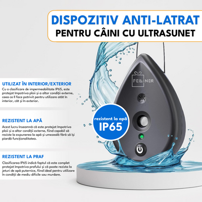 Dispozitiv anti-latrat pentru caini cu ultrasunete 15 m, potrivit pentru toate taliile, rezistent la apa, 3 nivele de sensibilitate, negru