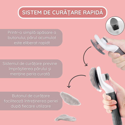 Perie auto-curatabila pentru caini si pisici, cu maner ergonomic anti-alunecare, pentru blana scurta si lunga, Gri
