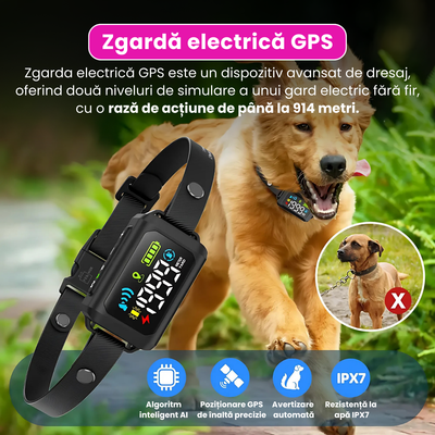 Zgarda electrica GPS pentru caini, sistem inteligent de gard invizibil cu vibratii si soc, raza de actiune 914m, ecran LED color, baterie reincarcabila 800mAh, rezistenta la apa IPX7, fara aplicatie, SIM sau abonament, negru