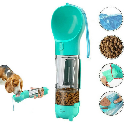 Dispenser portabil, multifunctional 4in1, pentru caini, cu castron, rezervor apa 300ml, recipient hrana 150ml, suport pungi igienice si lopatica pentru colectare excremente, turcoaz
