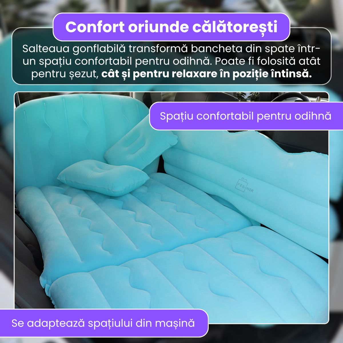 Saltea auto gonflabila, 3 in 1, PVC cu suprafata flocata, 175 x 125 cm, 2 perne, 2 suporturi gonflabile, pompa electrica si adaptoare, pentru calatorii, camping si relaxare, albastru