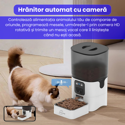 Hranitor automat inteligent pentru pisici si caini, cu camera HD 1080P, viziune nocturna, microfon bidirectional, control prin aplicatie, capacitate 6L, alimentare dubla, alb