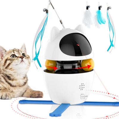 Jucarie interactiva pentru pisici, Felliner, automata 3in1, laser, mingi, panglica, rotatie 360¡, alb