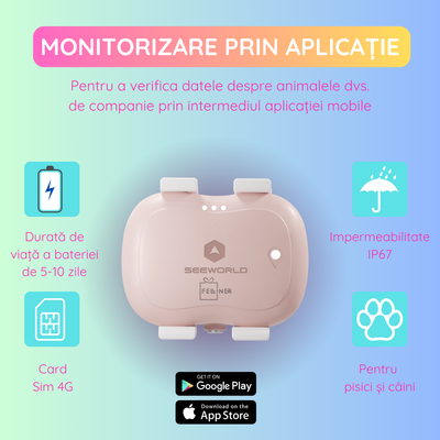 Dispozitiv monitorizare, pentru pisici si caini, gard virtual, autonomie 5-10 zile, rezistenta la apa IP67, SIM 4G, roz
