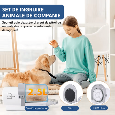 Set de ingrijire animale de companie 7 in 1, aspirator pentru toaletarea animalelor de companie si materiale textile, 4 marimi pentru tuns, zgomot redus, 3 trepte de viteza, 10 000Pa, HEPA filtru, alb