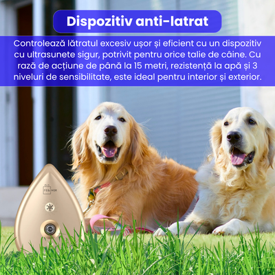 Dispozitiv anti-latrat pentru caini, cu ultrasunete, raza 15m, 3 nivele de sensibilitate, rezistent la apa si praf, montare usoara, potrivit pentru toate taliile, interior/exterior, auriu