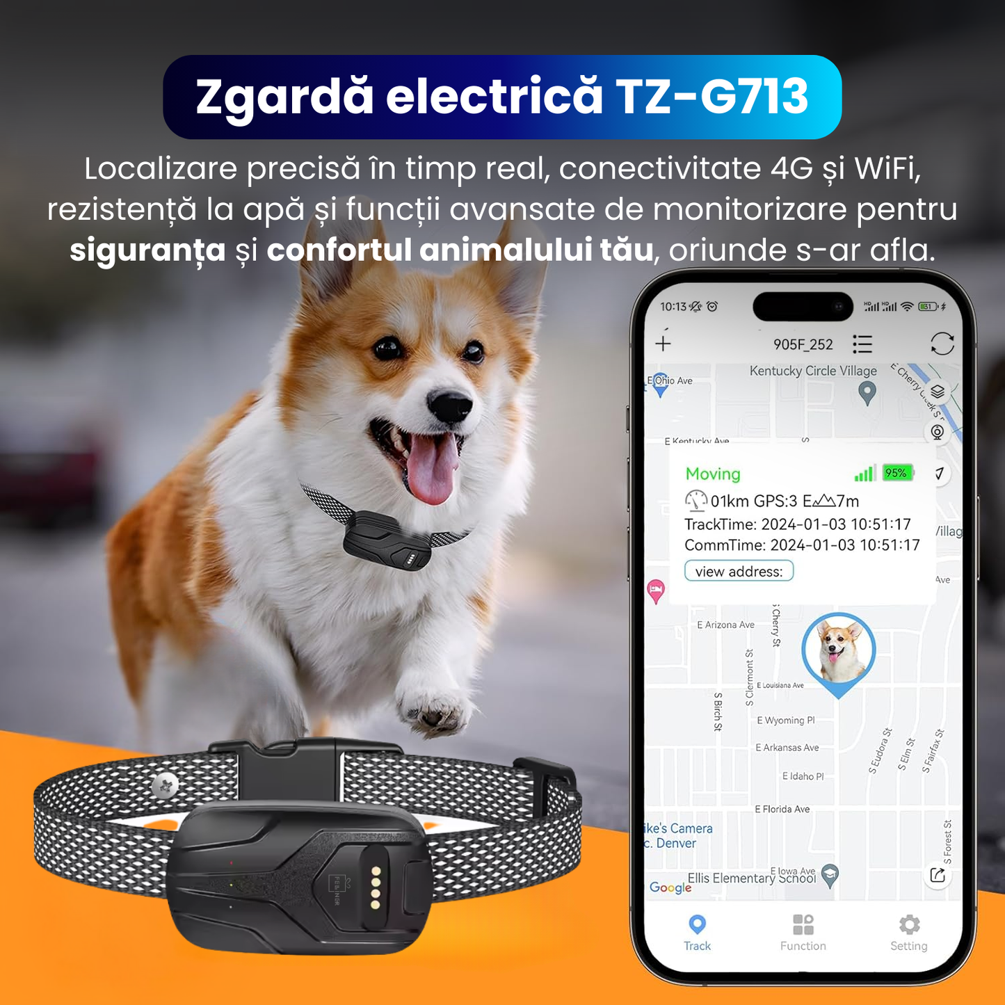 Zgarda electrica inteligenta TZ-G713 pentru caini, GPS integrat, monitorizare activitate, functie anti-pierdere, alerta sunet si vibratie, IP67, baterie 750 mAh, Android/iOS, negru