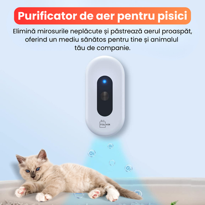 Purificator aer pentru litiera pisici, baterie 2600 mAh, monitorizare non-stop, incarcare USB, mod selentios, alb