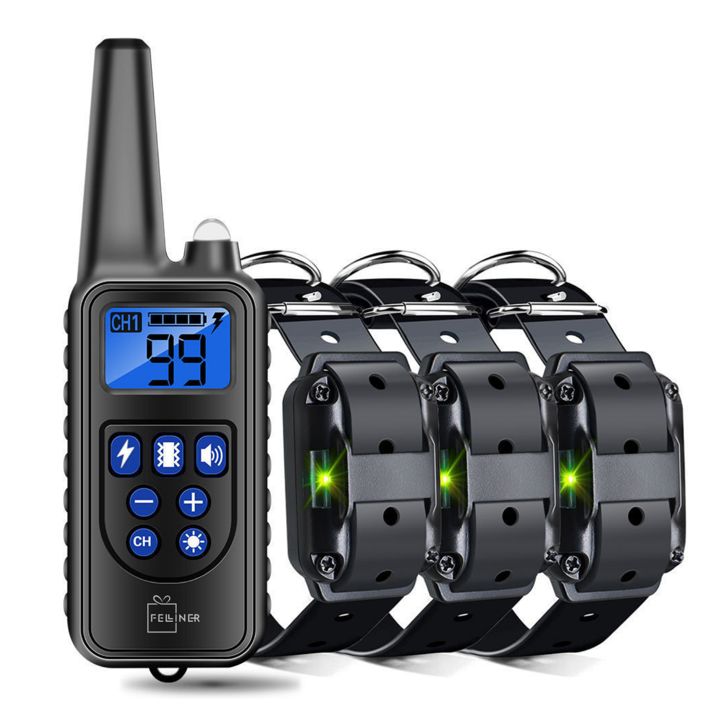 Zgarda electrica pentru 3 caini, baterie 300 mAh, raza 800 m, 3 moduri de antrenament, 99 nivele de vibratii, rezistenta la apa IP67, protectie piele, zgarda reglabila, negru