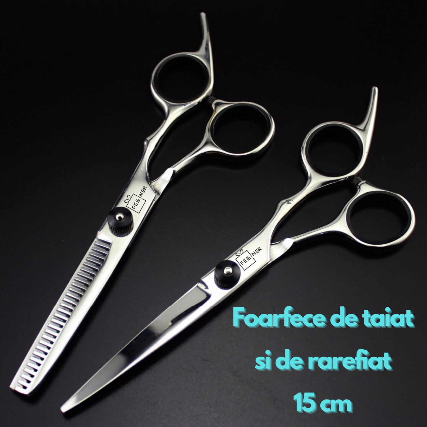 Set 2 foarfece profesionale pentru ingrijirea cainilor, piepten, geanta transport, otel, 15cm, Felliner, gri