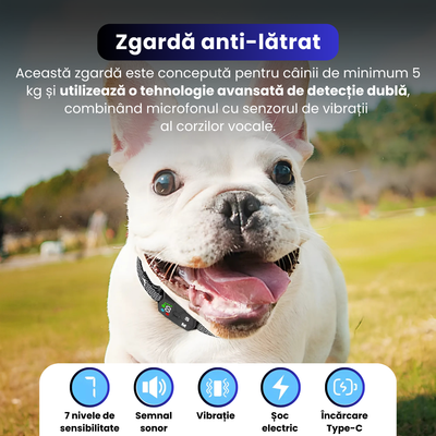 Zgarda anti-latrat, TZ-368, 7 nivele de intensitate, functie automata de oprire a latratului, design ergonomic, baterie reincarcabila de 250 mAh, ecran color, rezistent la apa IP67, negru