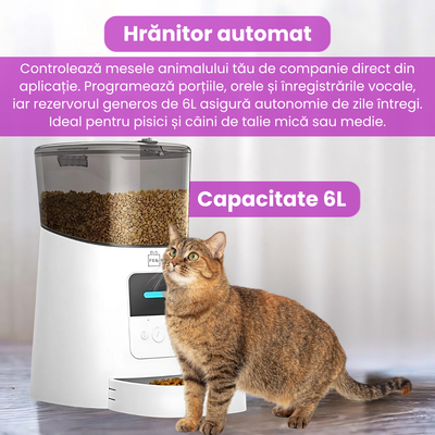 Hranitor automat inteligent pentru caini si pisici, WiFi 2.4G, aplicatie, functie vocala, 6L, senzor alimentare, compatibil cu hrana uscata, alb