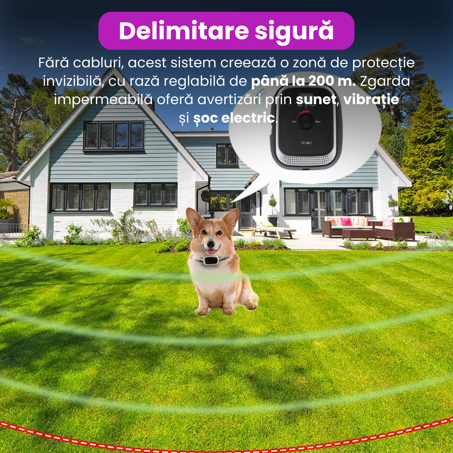 Sistem complet de gard invizibil pentru caini, TZ-861, cu rola de delimitare 200 m, sunet, vibratie, soc, IPX7, baterie reincarcabila de 400 mah, zgarda reglabila, negru