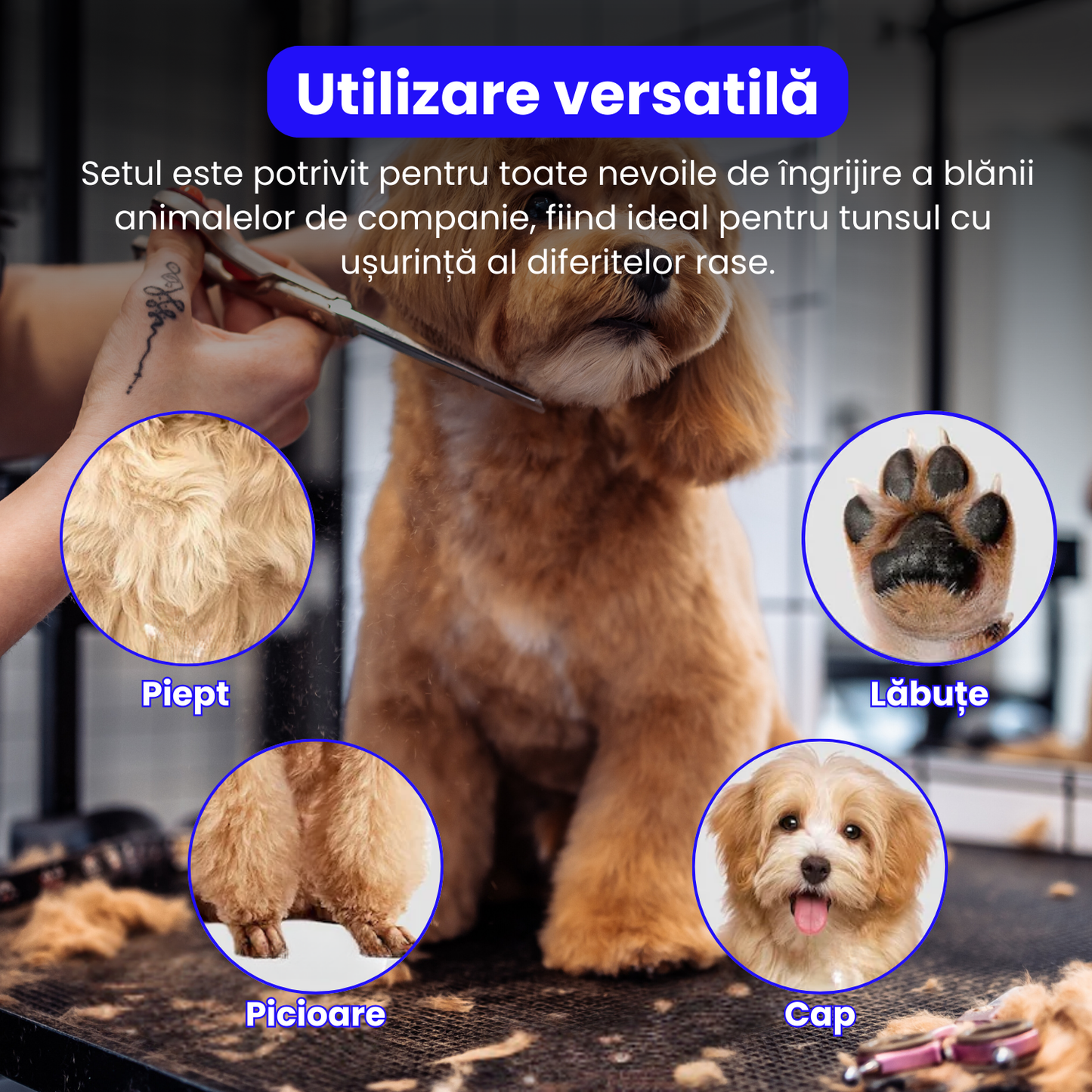 Set de 3 foarfece profesionale pentru tuns animale, cu pieptan si cutie de depozitare, design ergonomic, otel inoxidabil, prevenirea ruginii, rezistent la coroziune, usor de utilizat, auriu