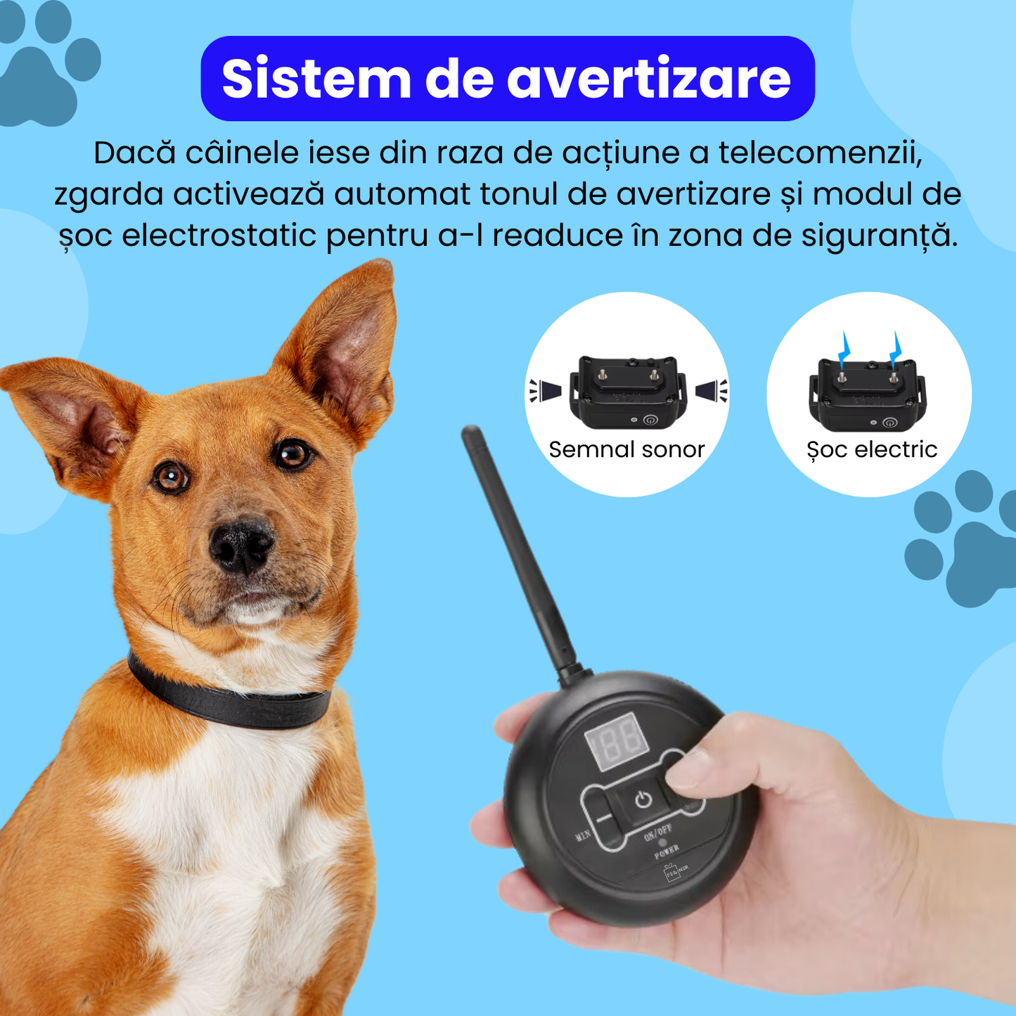Sistem complet de gard invizibil pentru caini, cu transmitator si zgarda reincarcabila si rezistenta la apa IP67, raza de actiune 500 m, baterie 250 mAh, negru
