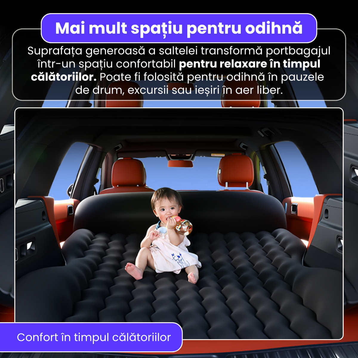 Saltea gonflabila auto, 135x170x18 cm, pompa electrica integrata, PVC si suprafata flocata, design ondulat, pentru calatorii, camping si exterior, utilizare 4 anotimpuri, negru