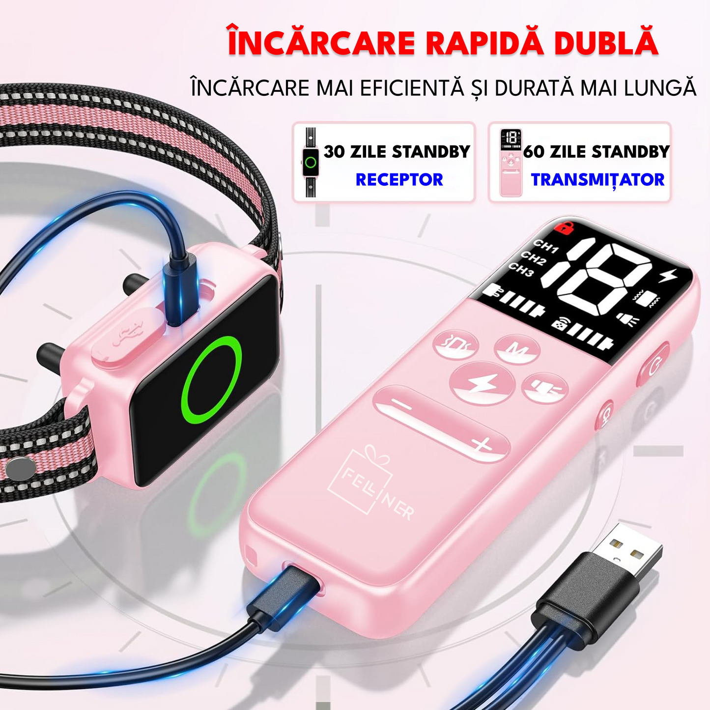 Zgarda electrica dresaj pentru 2 caini, GE-G22, raza actiune 1000 metrii, gard electronic, vibratie, sunet si localizare, rezistenta la apa IPX7, autonomie standby 60 zile, roz