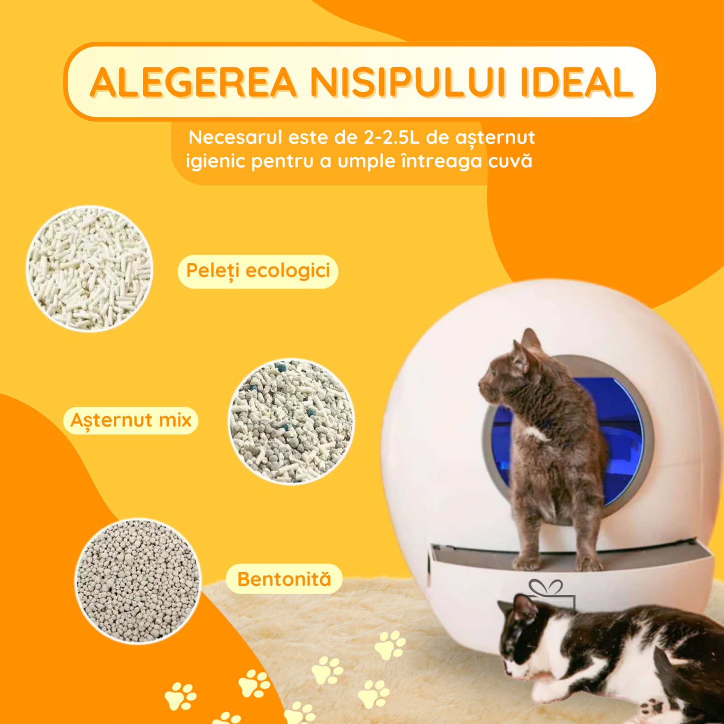 Litiera inteligenta automata pentru pisici, auto-curatare, design inchis, control prin aplicatie, fara miros, robot pentru mai multe pisici, alb