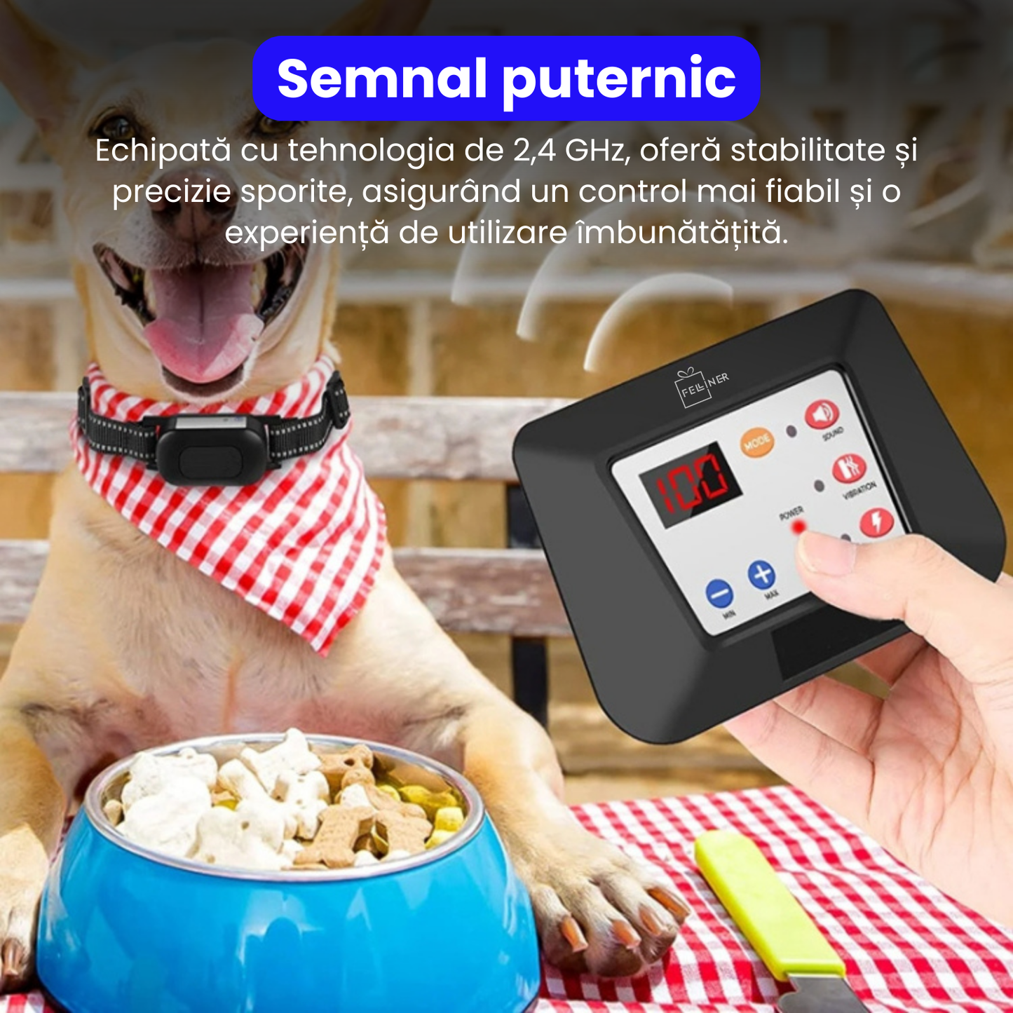 Sistem complet de gard invizibil pentru 3 caini, cu transmitator si zgarda reincarcabila, rezistenta la apa IP67, raza de actiune 300 m, baterie 2500 mAh, negru