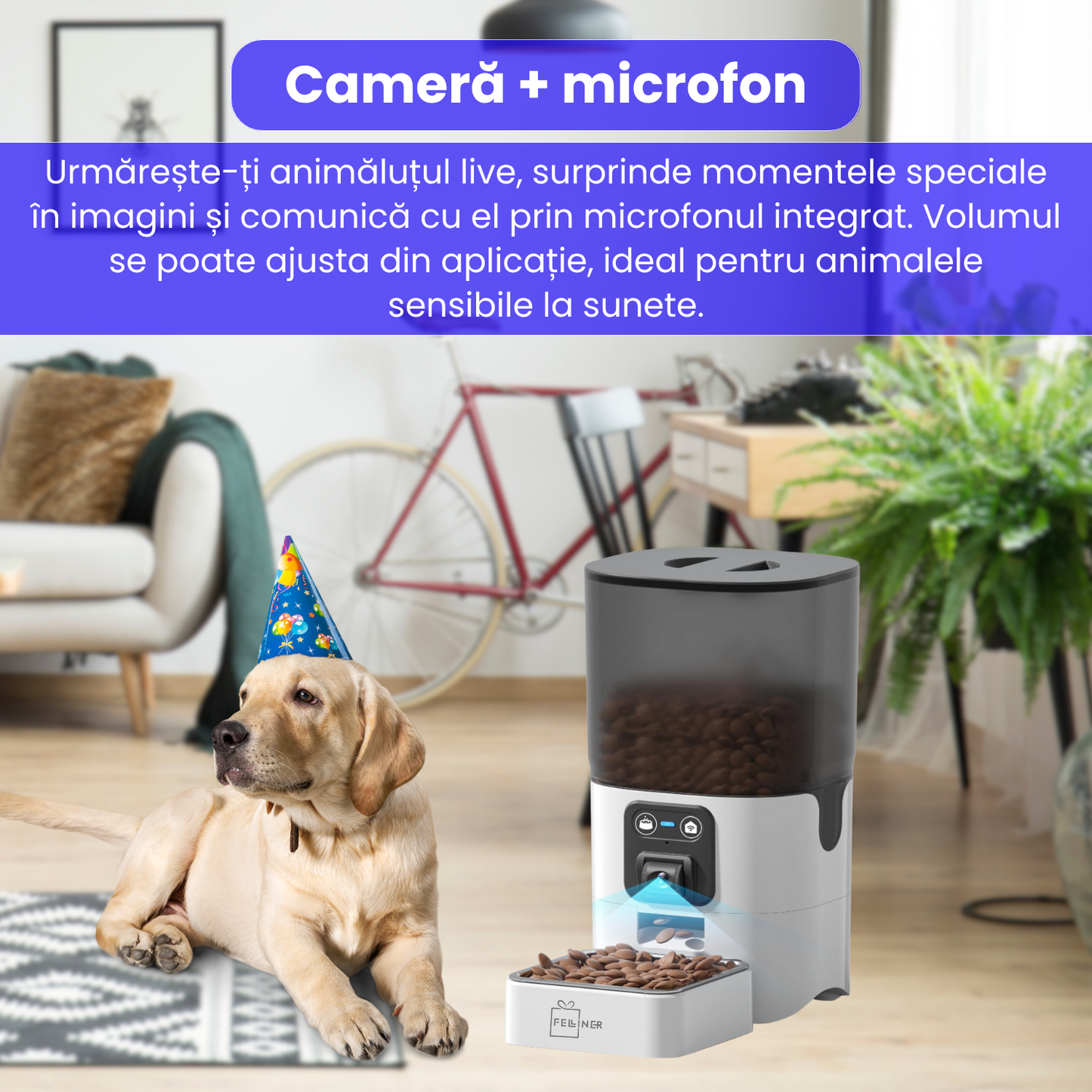 Hranitor automat inteligent pentru pisici si caini, cu camera HD 1080P, viziune nocturna, microfon bidirectional, control prin aplicatie, capacitate 6L, alimentare dubla, alb
