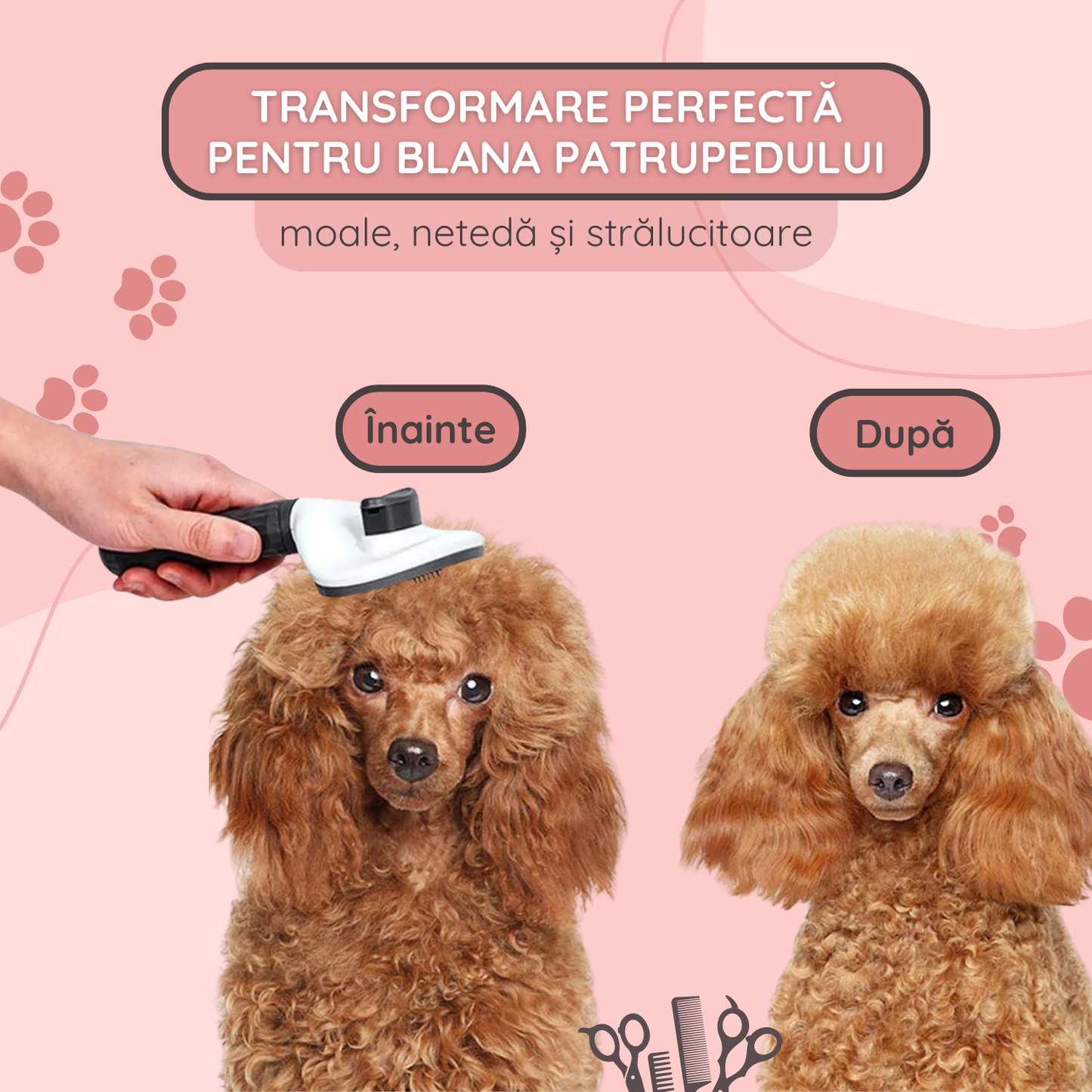 Perie auto-curatabila pentru caini si pisici, cu maner ergonomic anti-alunecare, pentru blana scurta si lunga, Gri