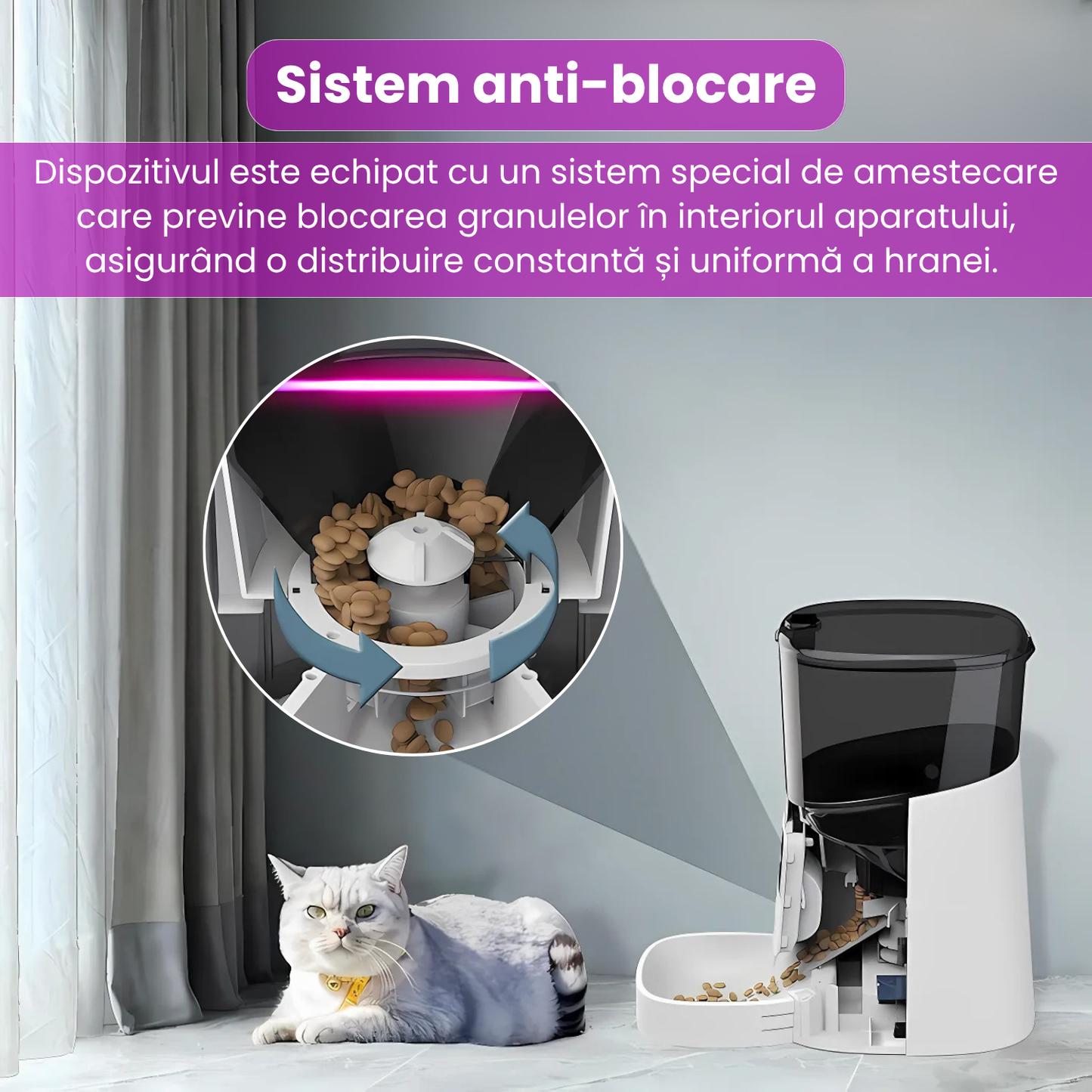 Hranitor automat inteligent pentru caini si pisici, WiFi 2.4G, aplicatie, functie vocala, 6L, senzor alimentare, compatibil cu hrana uscata, alb