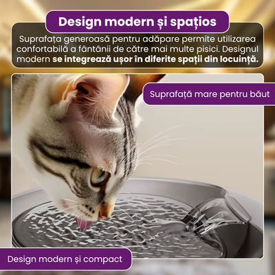 Fantana automata de apa pentru pisici si caini, 2.5 L, filtrare continua, pompa ultra-silentioasa sub 20 dB, protectie dry-run, alimentare USB, filtru pentru impuritati, design modern, negru