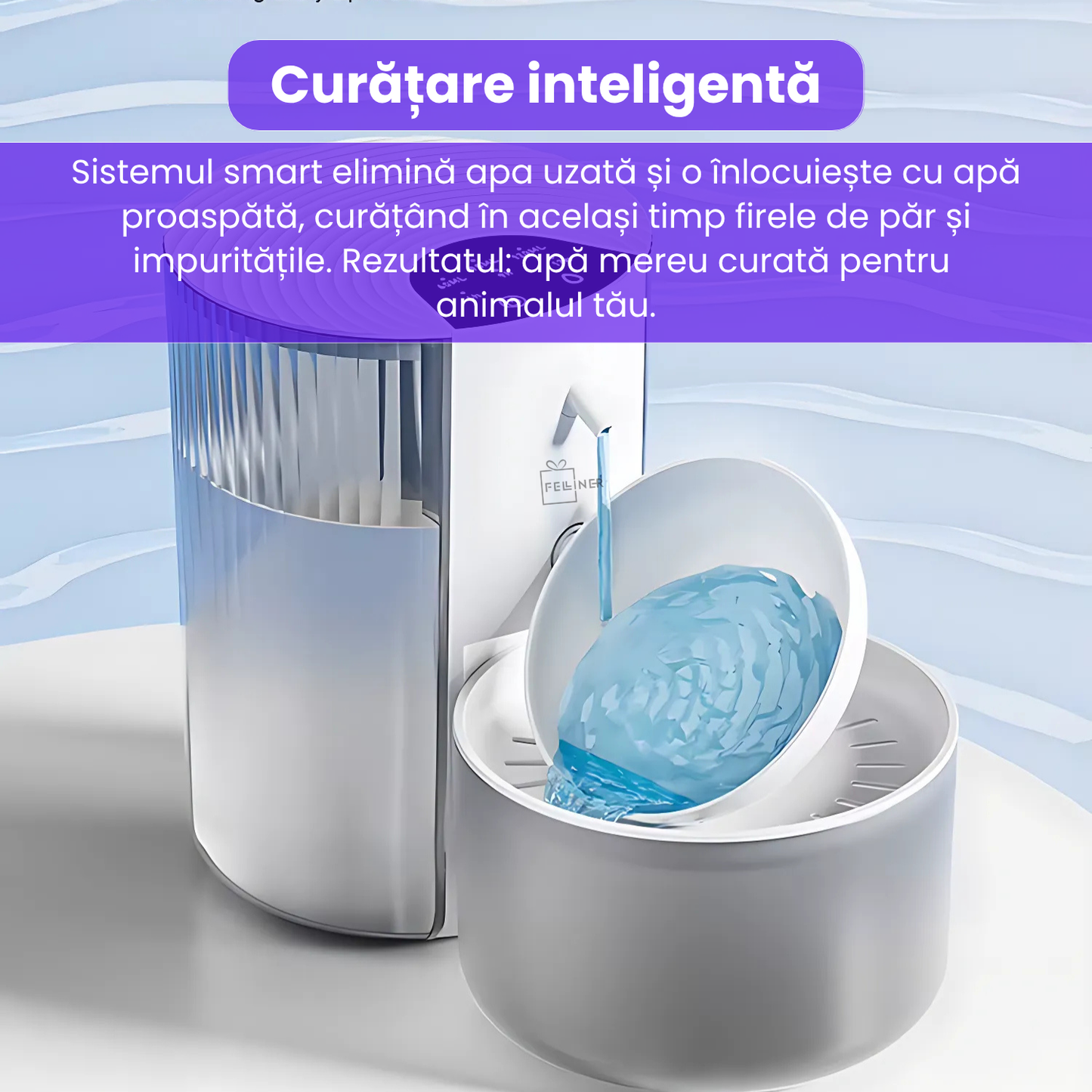 Dispenser inteligent de apa pentru pisici, 3L, reincarcabil, autonomie 180 zile, control volum si frecventa, sistem de filtrare in mai multe etape, nivel redus de zgomot, alb