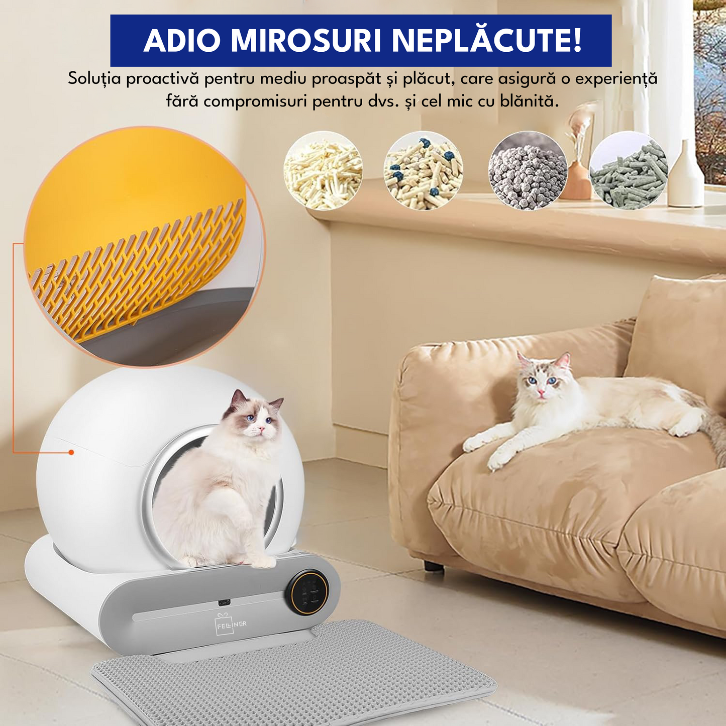 Litiera automata, pentru pisici, extra saci inclusi, auto-curatare, elimina mirosurile, aplicatie mobila, capacitate deseuri 9L, sterilizare UV, alb