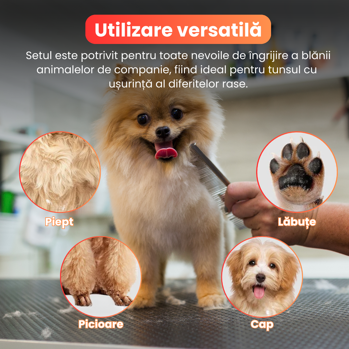 Set de 3 foarfece profesionale pentru tuns animale, cu pieptan si cutie de depozitare, design ergonomic, otel inoxidabil, prevenirea ruginii, rezistent la coroziune, usor de utilizat, roz