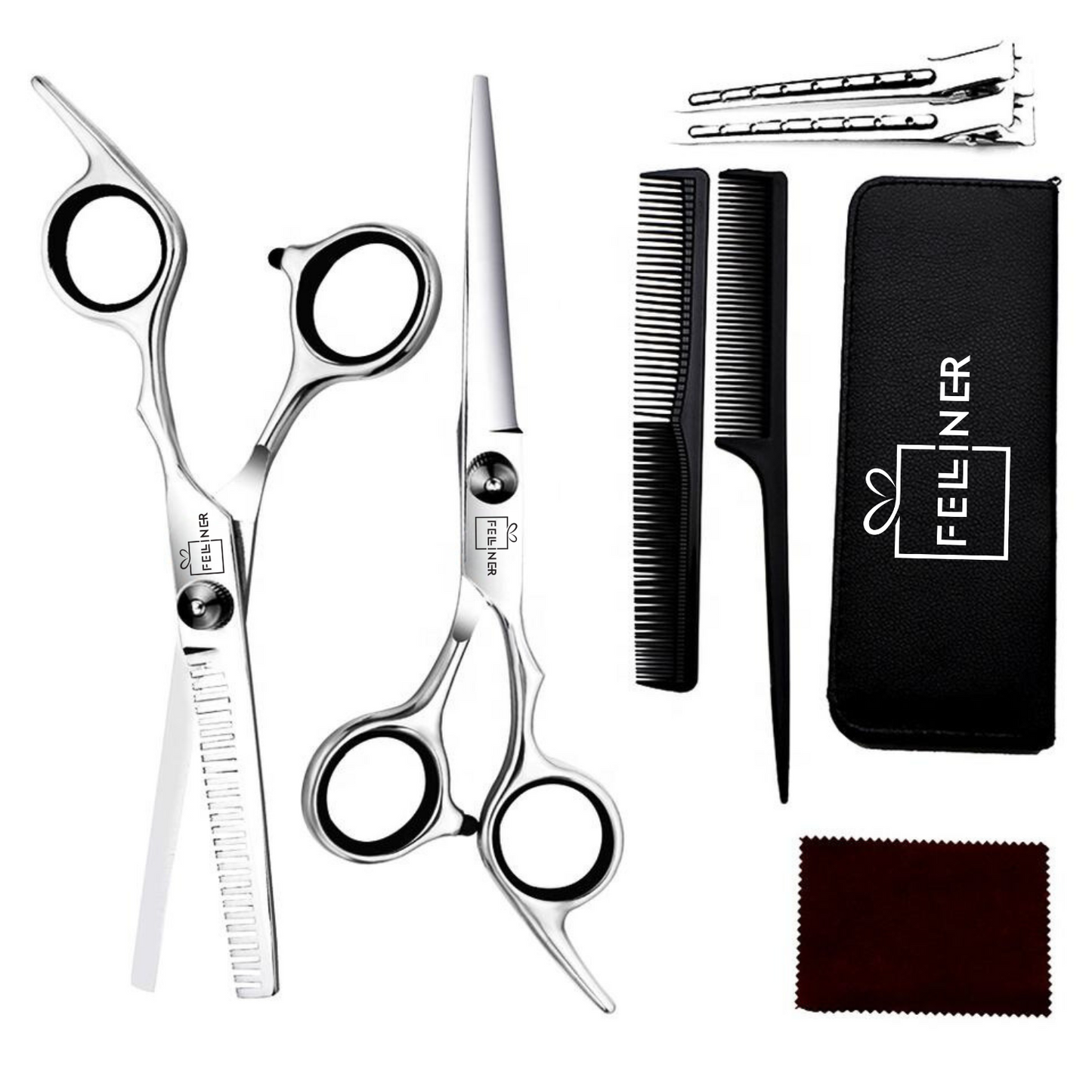 Set 2 foarfece profesionale pentru ingrijirea cainilor, piepten, geanta transport, otel, 15cm, Felliner, gri
