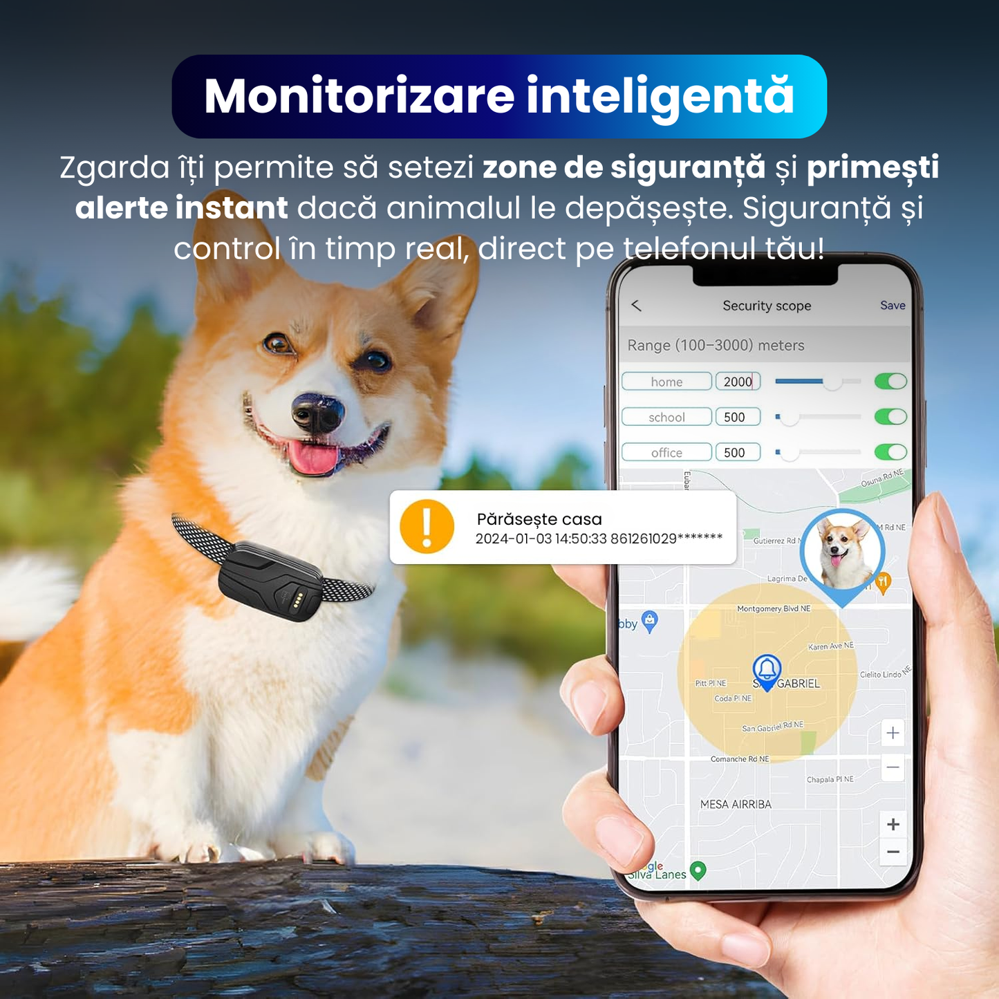Zgarda electrica inteligenta TZ-G713 pentru caini, GPS integrat, monitorizare activitate, functie anti-pierdere, alerta sunet si vibratie, IP67, baterie 750 mAh, Android/iOS, negru