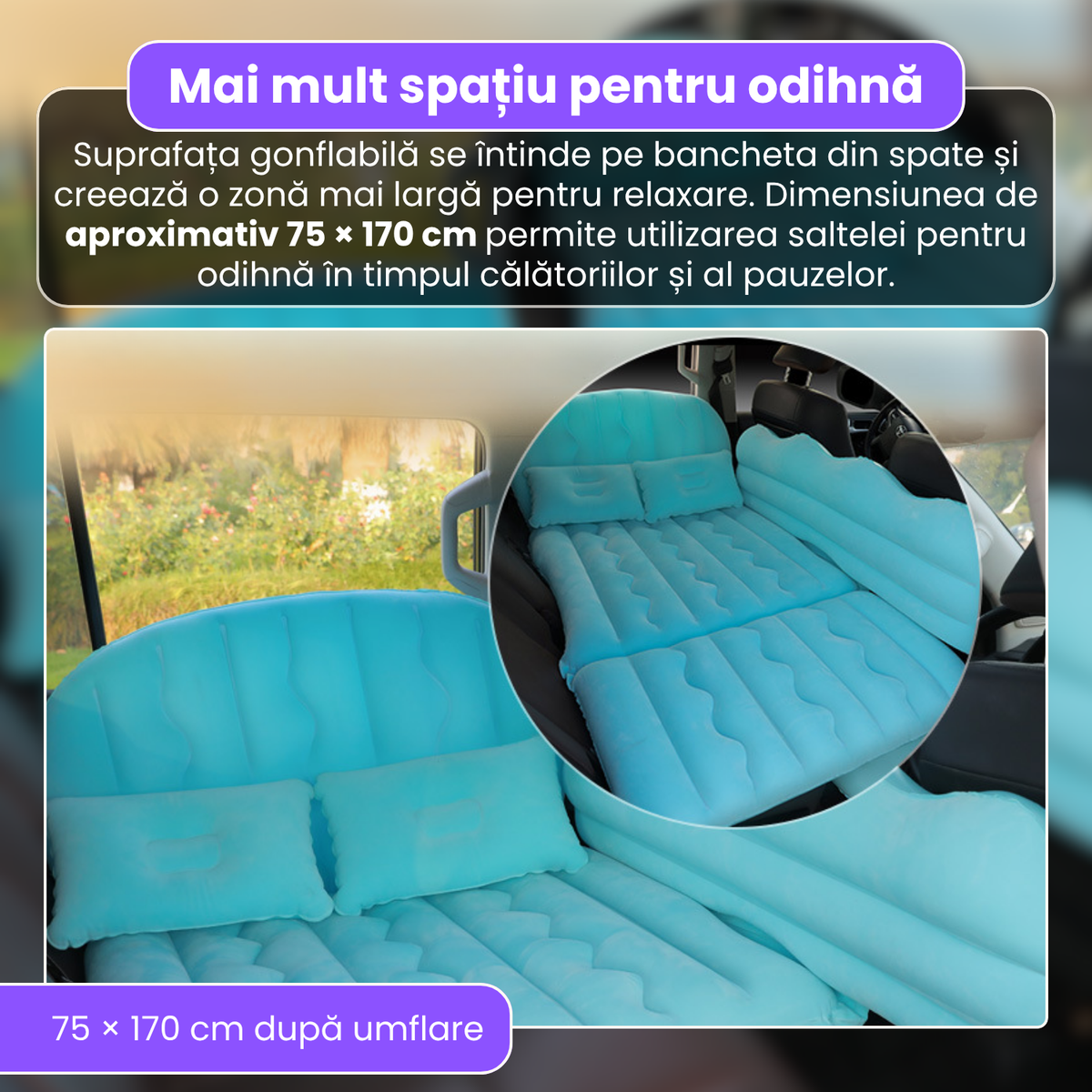 Saltea auto gonflabila, 3 in 1, PVC cu suprafata flocata, 175 x 125 cm, 2 perne, 2 suporturi gonflabile, pompa electrica si adaptoare, pentru calatorii, camping si relaxare, albastru