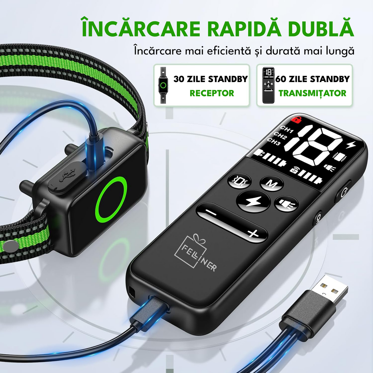 Zgarda electrica dresaj pentru 2 caini, GE-G22, raza actiune 1000 metrii, gard electronic, vibratie, sunet si localizare, rezistenta la apa IPX7, autonomie standby 60 zile, negru