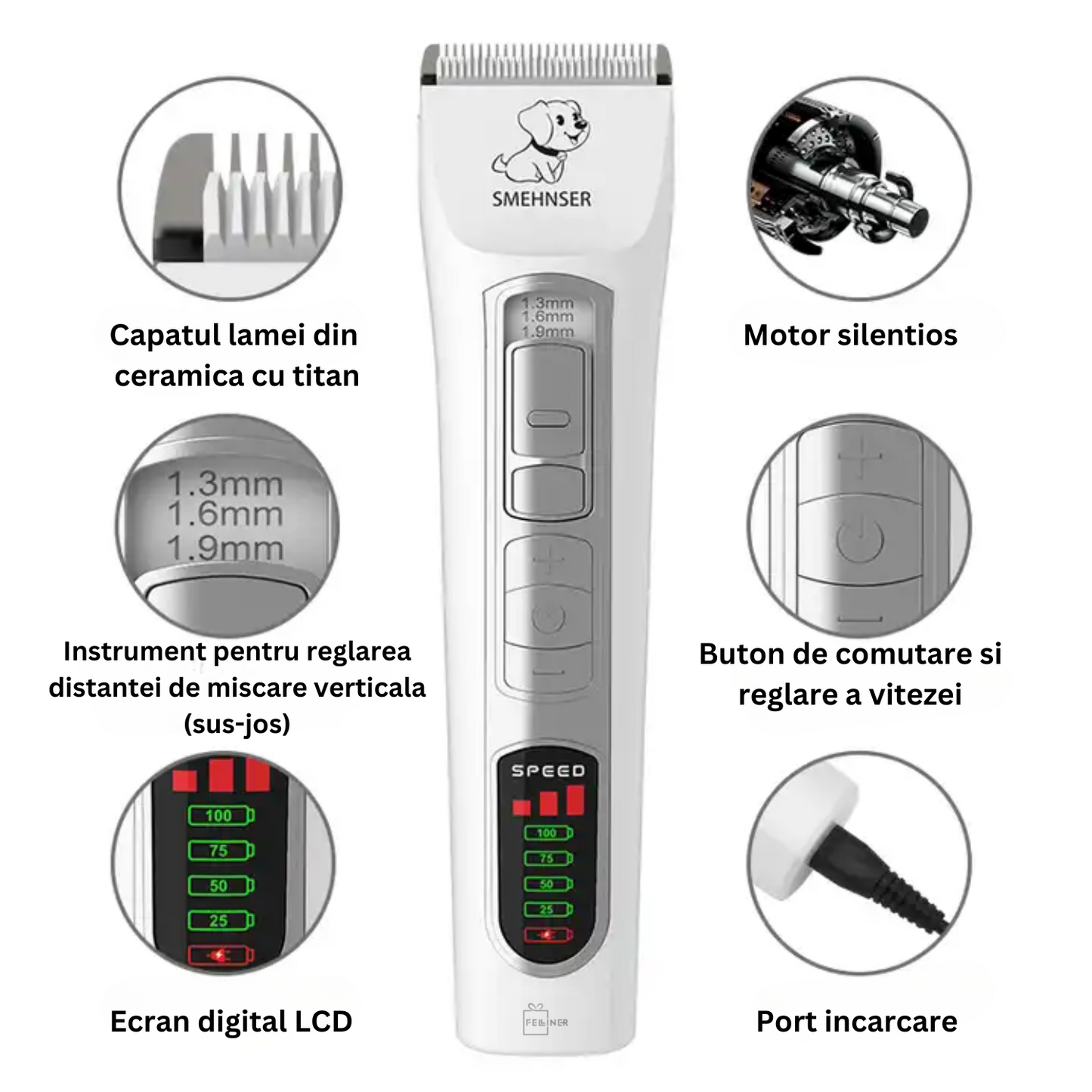 Masina de tuns profesionala pentru caini si pisici, fara fir, 7000RPM, autonomie 190min, lama ceramica, ecran digital LCD, alb
