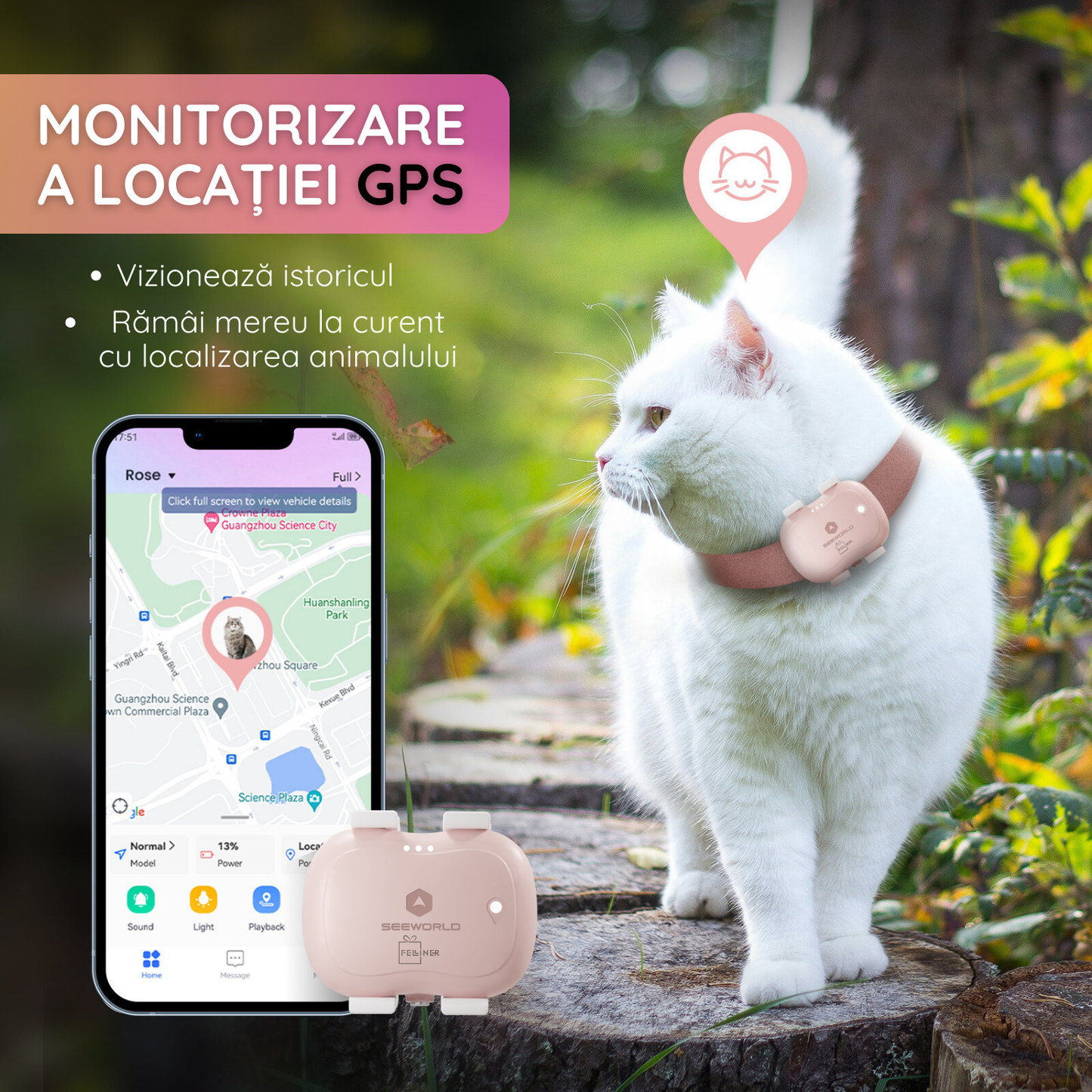 Dispozitiv monitorizare, pentru pisici si caini, gard virtual, autonomie 5-10 zile, rezistenta la apa IP67, SIM 4G, roz