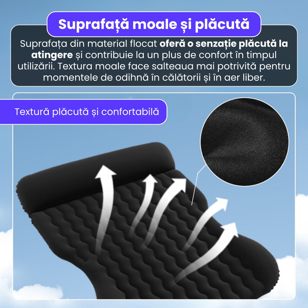 Saltea gonflabila auto, 135x170x18 cm, pompa electrica integrata, PVC si suprafata flocata, design ondulat, pentru calatorii, camping si exterior, utilizare 4 anotimpuri, negru