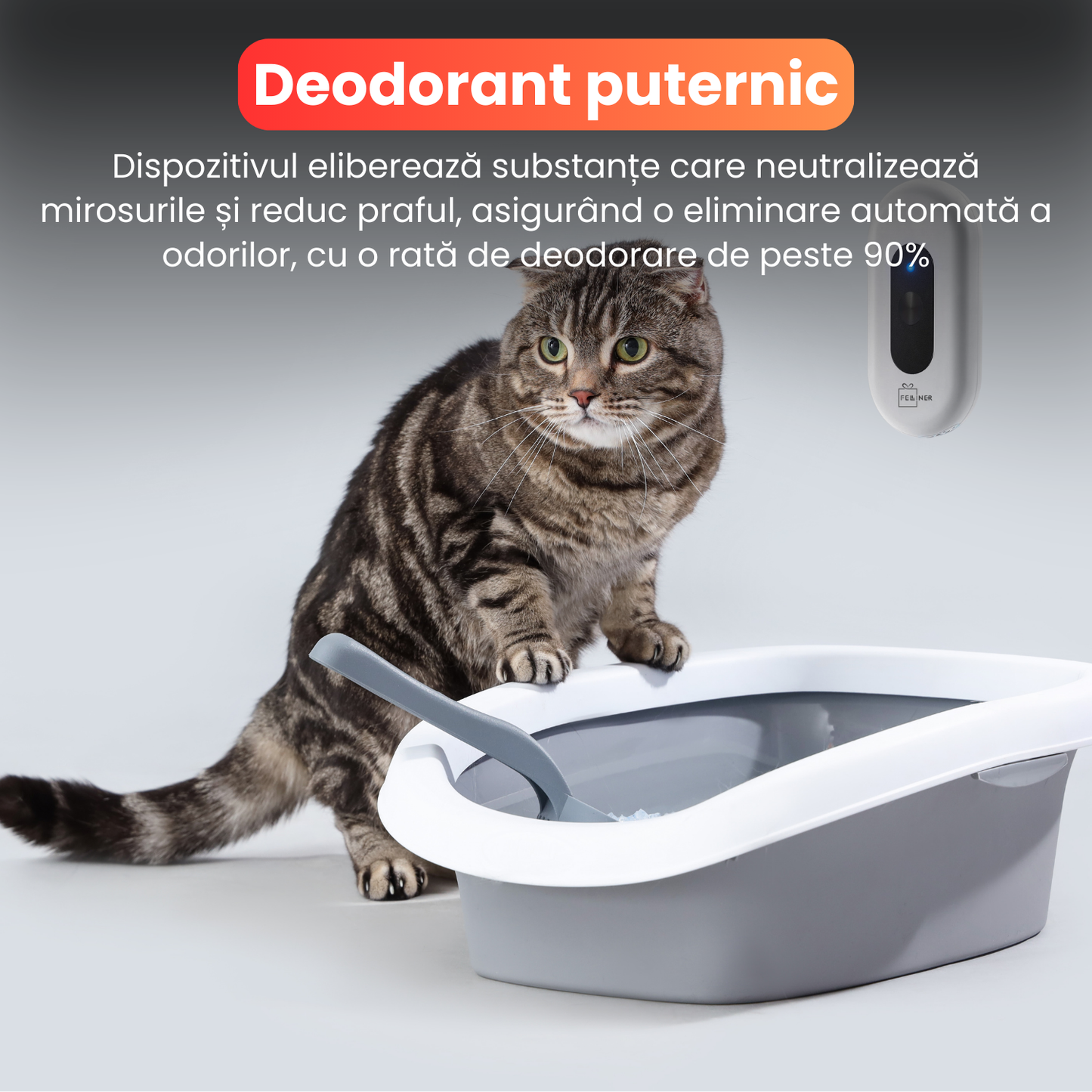Purificator aer pentru litiera pisici, baterie 2600 mAh, monitorizare non-stop, incarcare USB, mod selentios, alb