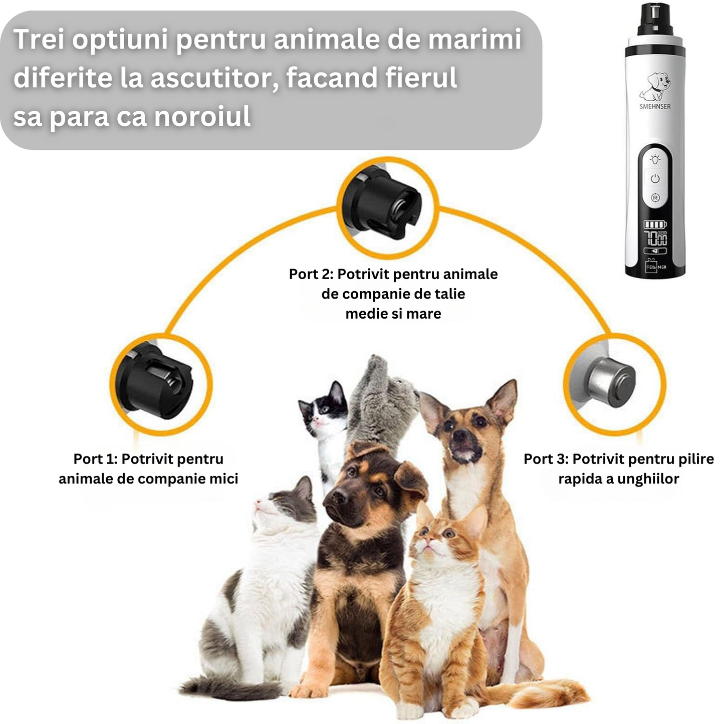 Pila electrica de unghii pentru animale de companie, ultra silentios, LED, 9000 RPM, 3 viteze, ecran LCD, alb