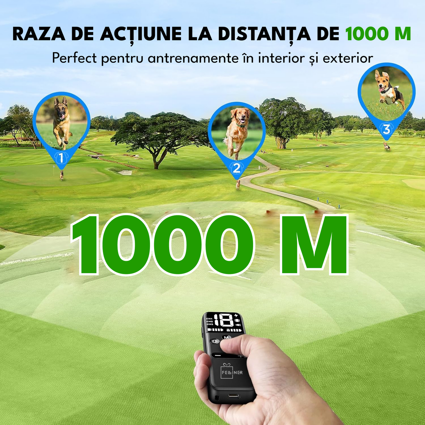 Zgarda electrica dresaj pentru 2 caini, GE-G22, raza actiune 1000 metrii, gard electronic, vibratie, sunet si localizare, rezistenta la apa IPX7, autonomie standby 60 zile, negru