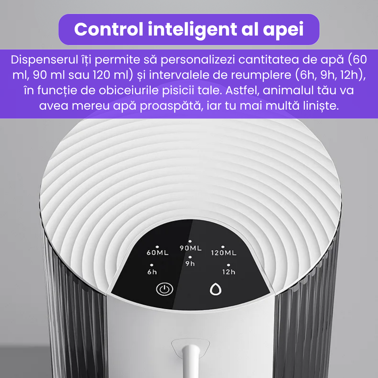 Dispenser inteligent de apa pentru pisici, 3L, reincarcabil, autonomie 180 zile, control volum si frecventa, sistem de filtrare in mai multe etape, nivel redus de zgomot, alb