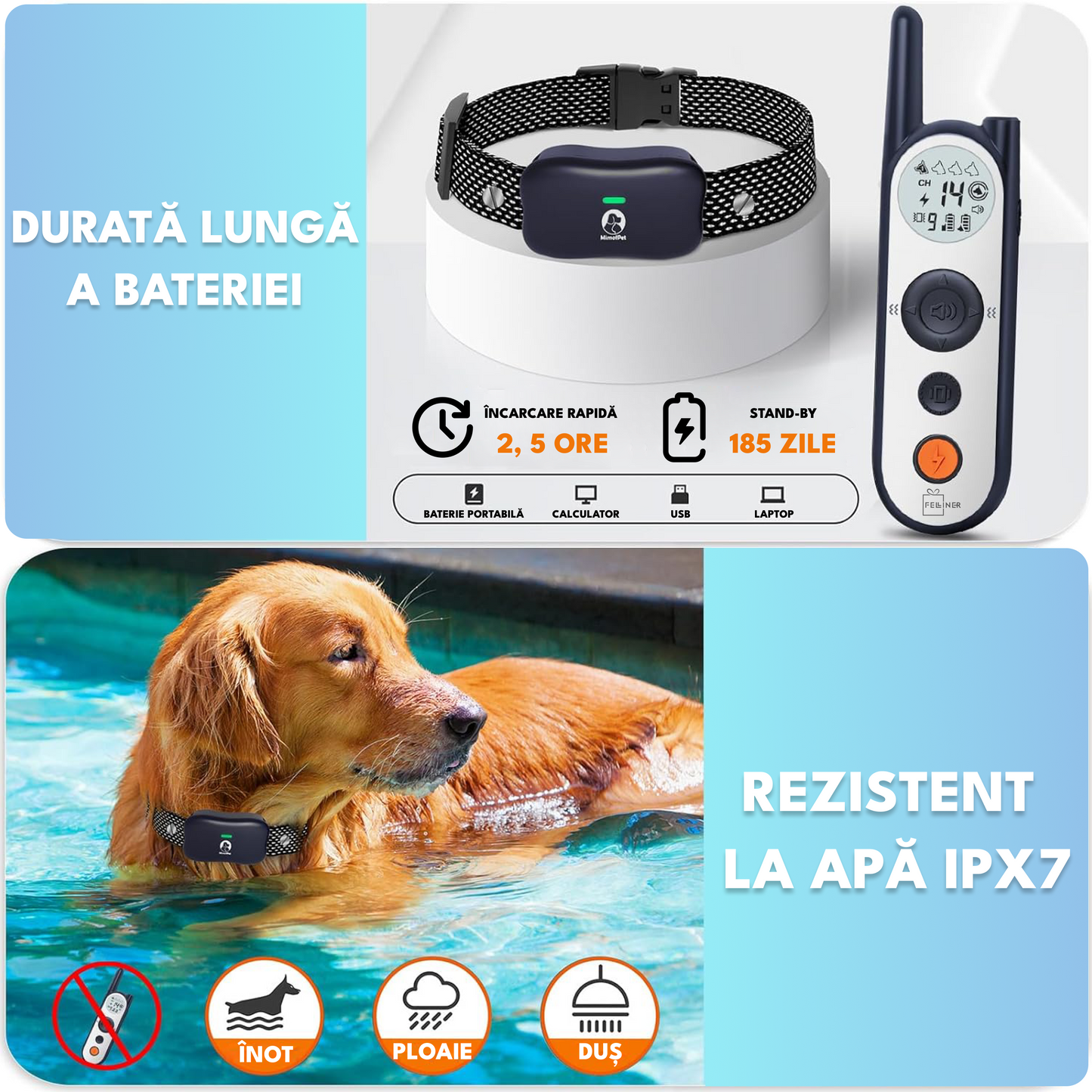 Zgarda electrica dresaj pentru 2 caini, X3, raza actiune 1800 metrii, gard electronic, impuls 30 nivele, vibratie, sunet si localizare, rezistenta la apa, autonomie standby 185 zile, gri